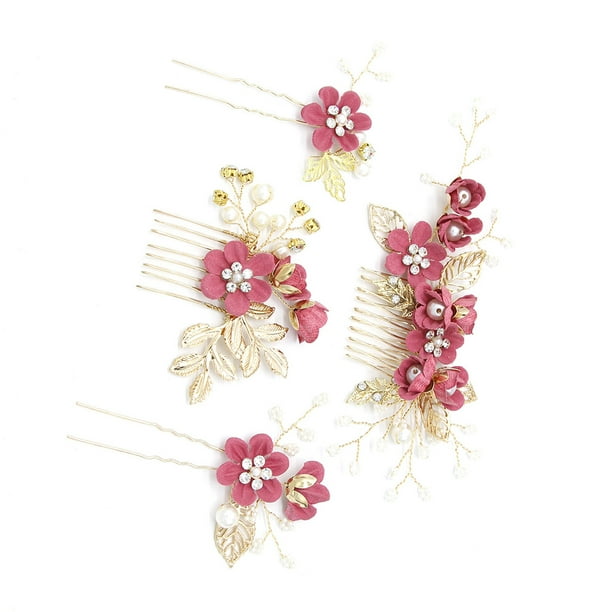 Minnieouse Conjunto de 4 piezas de peinetas de flores para boda, tocado elegante para mujer, hermoso tocado de novia, accesorio de joyería de moda Accesorio para el cabello Rosa roja Minnieouse AP012181-05