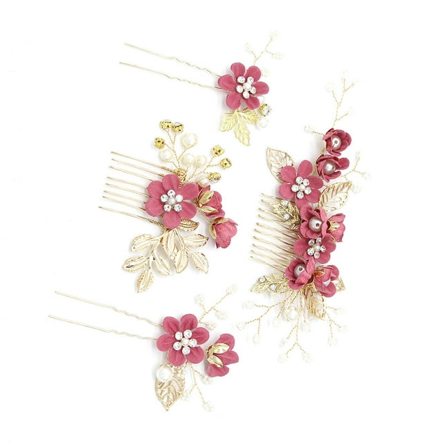 Sonducket 4 piezas de peinetas de flores para boda, conjunto de decoraciones para niñas, tocado nupcial, adorno, accesorio de joyería de moda Accesorio para el cabello Rosa roja Sonducket AP012181-05
