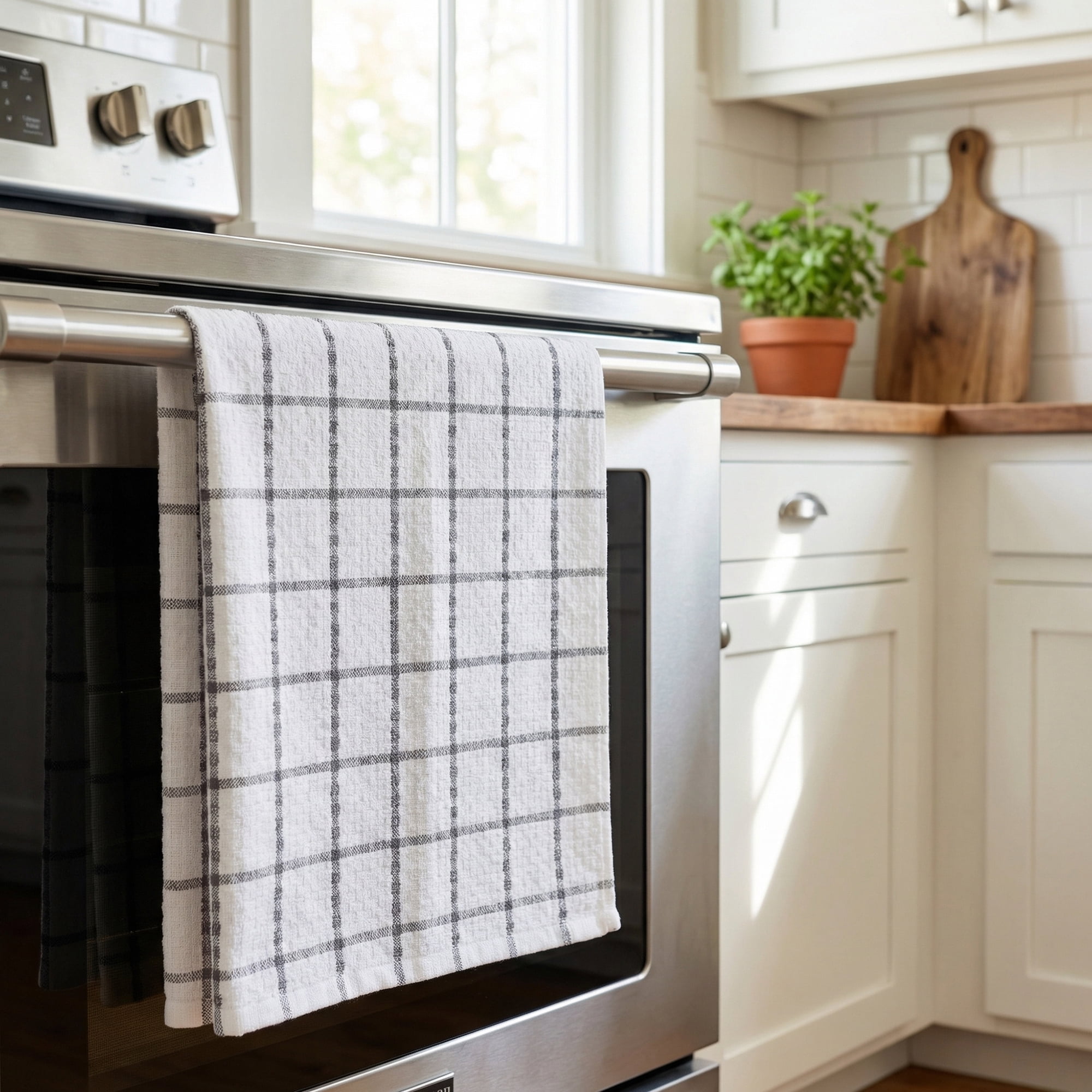 Unique Bargains Plaid 100% Cotton Quick Dry Kitchen Towels 4 Pack Grey/Green 25" x 15"