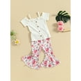 thumbnail image 3 of CIYCuIT Toddler Little Girls Summer 2Pcs Outfits Short Sleeve Cold Shoulder Button Ribbed Tops + Flower Print Flare Pants 12M-5T Kids Sweet Casual Long Pants Sets, 3 of 9