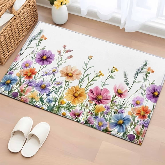 Rectangle Area Rug 2x3ft,Country Flower Leaf Watercolor Plant Washable Carpet Non-Slip Runner Accent Rugs Indoor Floor Mat for Bedroom Living Room Decor,Wildflower Floral