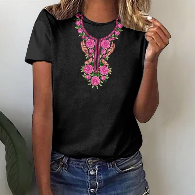 Pntutb tops à Manches Courtes Femmes Casual Imprimé Col Rond Manches Courtes T-Shirt à Col Rond Chemisier Rollbacks