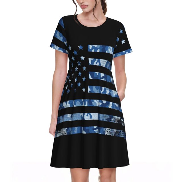 Fotbe Robe Camouflage Marine Motif Drapeau Américain Décontractée Mode Femme Manches Courtes Robe Maxi Robe T-Shirt Rayée Longue à Blocs de Couleur