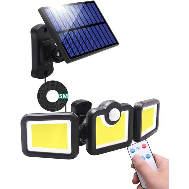 Rewera Lámpara solar para exteriores con detector de movimiento, proyector de 171 LED con control remoto, luminaria impermeable IP65, 3 modos de iluminación para jardín, garaje, cochera, terraza y