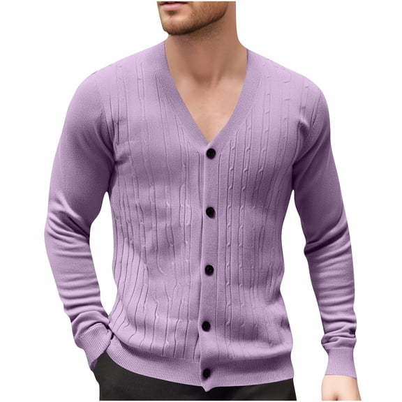 Lmnyox Button Down Sweaters for Men Solid Color Long Sleeve V Neck Cardigan Casual Fashion Cable Knit Sweaters
