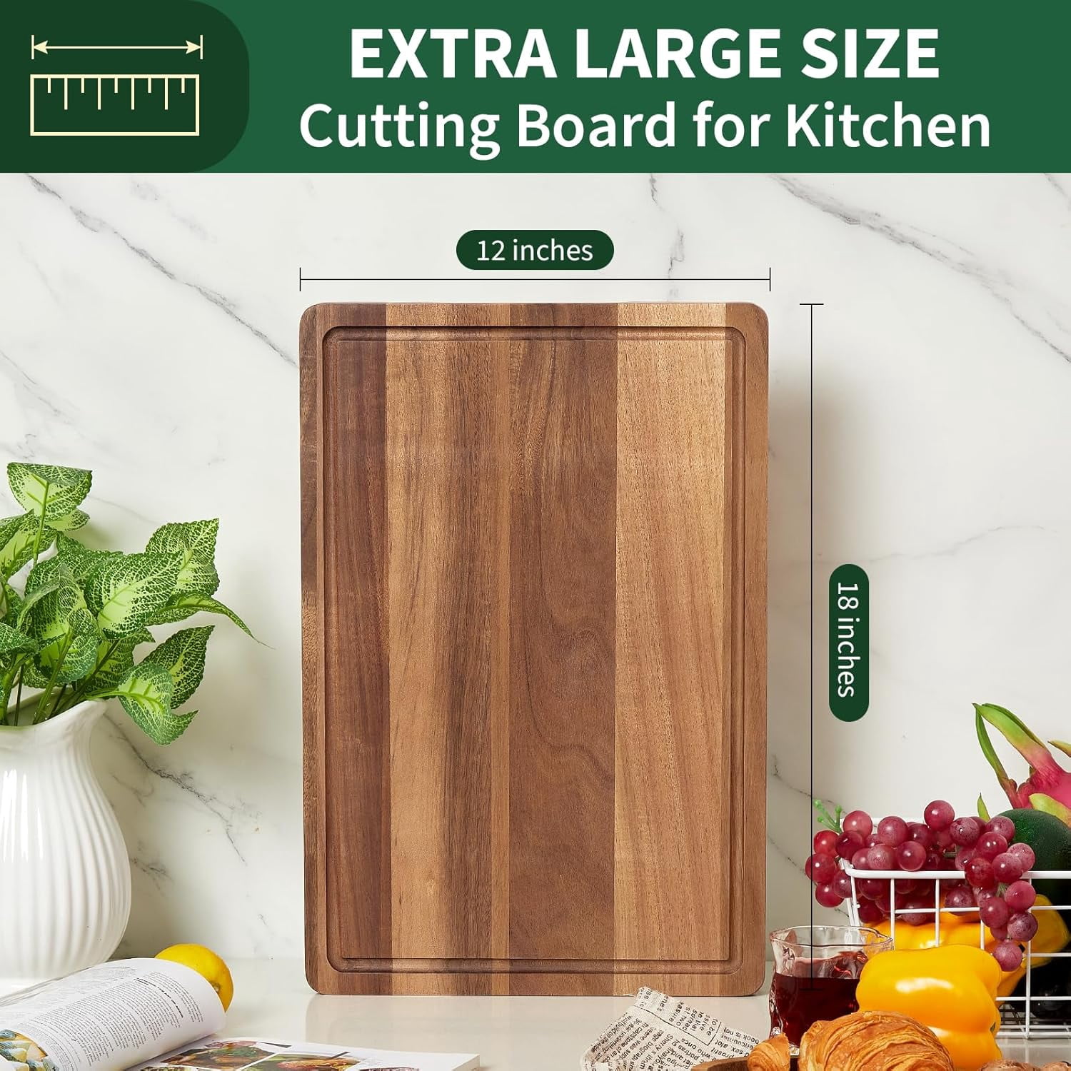 Large Natural Acacia Wood Cutting Board for Kitchen, 18x12" Reversible Butcher Block Chopping Board with Deep Juice Groove and Side Handles, Ideal for Meat, Vegetables & Cheese, Natural