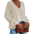 thumbnail image 3 of Camisa holgada con volantes escalonados para el trabajo, citas y fiestas - Blusa elegante con escote en V color albaricoque XL, 3 of 5