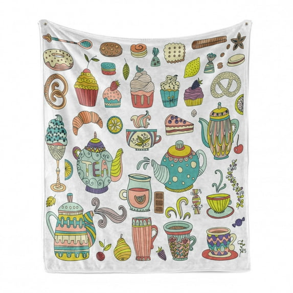 Tea Party Soft Flannel Fleece Throw Blanket, Coffee and Dessert Cupcake Bagel Doughnut Baked and Sweets Cinnamon Teapot, Cozy Plush for Indoor and Outdoor Use, 70" x 90", Multicolor, by Ambesonne