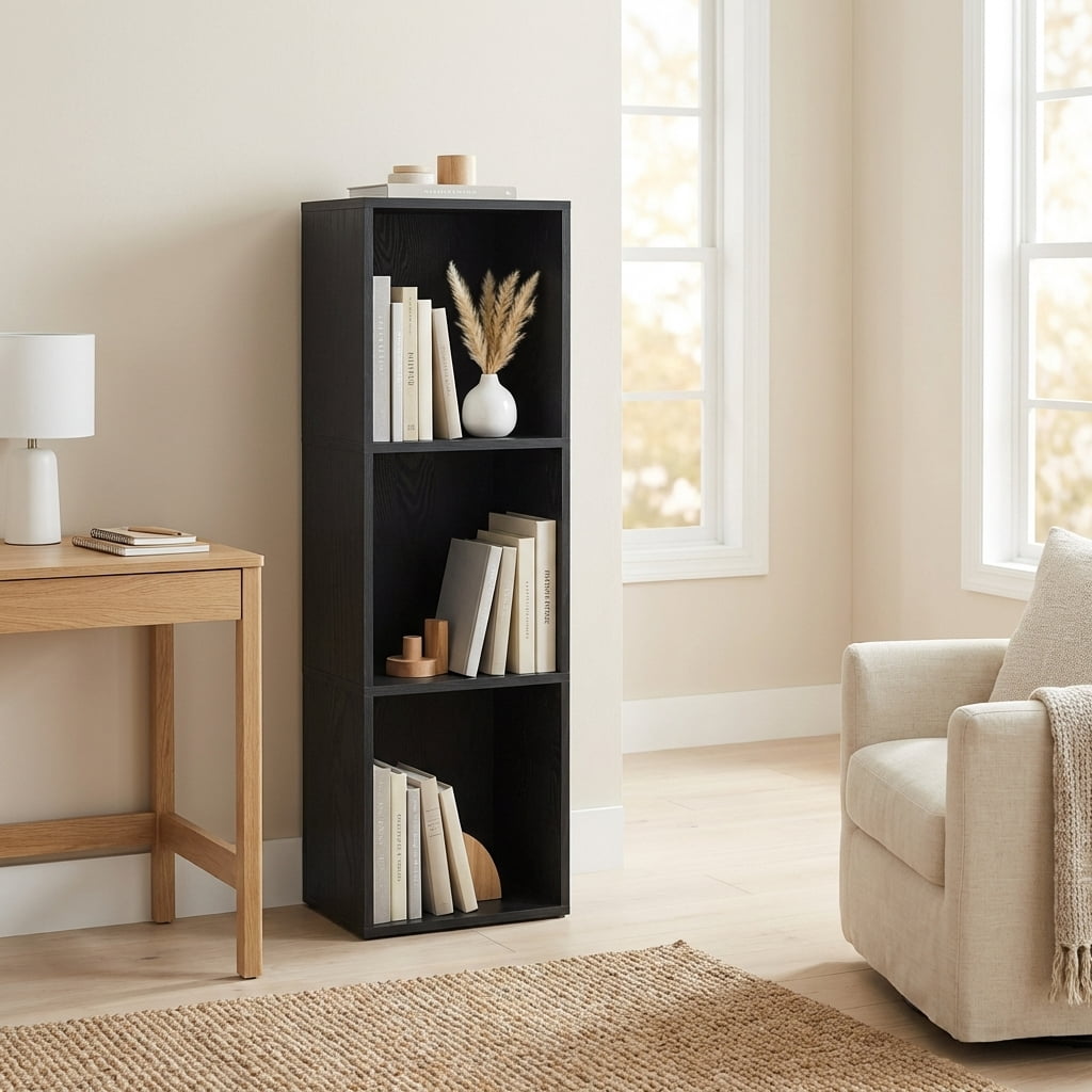 LEDREM 3-Tier Bookshelf with Adjustable Open Shelves, Tall Bookcase Space-Saving for Living Room Home Office, Ebony Black