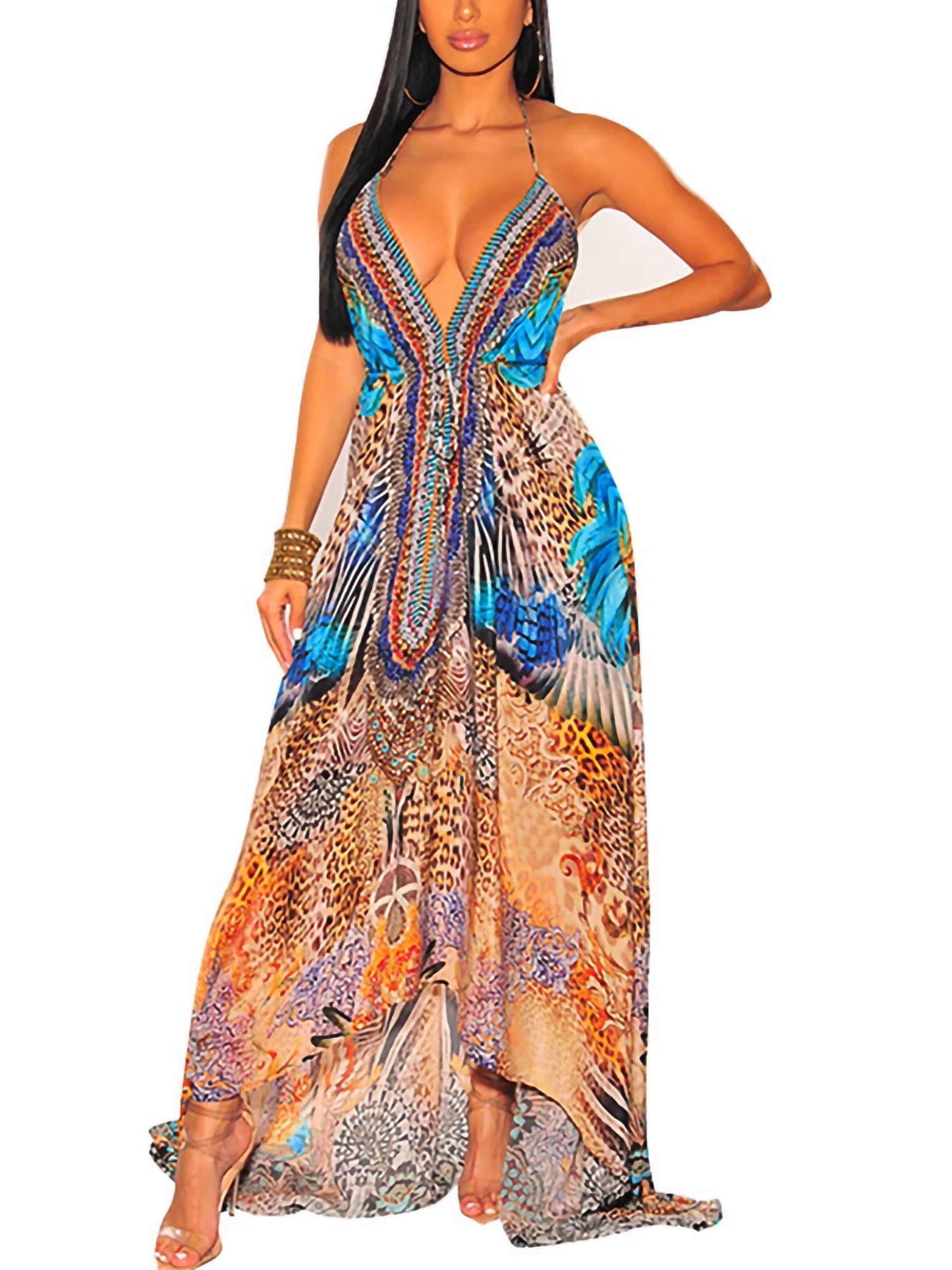Women Summer Halter Bohemian Style Colorblock Long Maxi Dress Beach Casual Daily Dresses