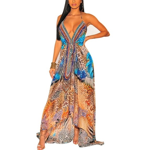 Uhndy Women Bohemian Halter V-Neck Maxi Dresses Vintage Printed Ethnic Style Summer Long Dress Party Holiday Beach Sundress High Low Hem Dress