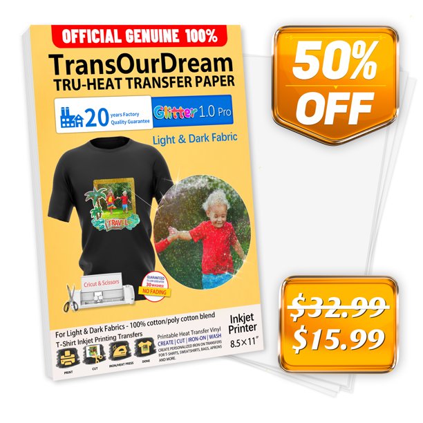TransOurDream 50 Transfer Paper for TShirts, Light & Dark Fabrics