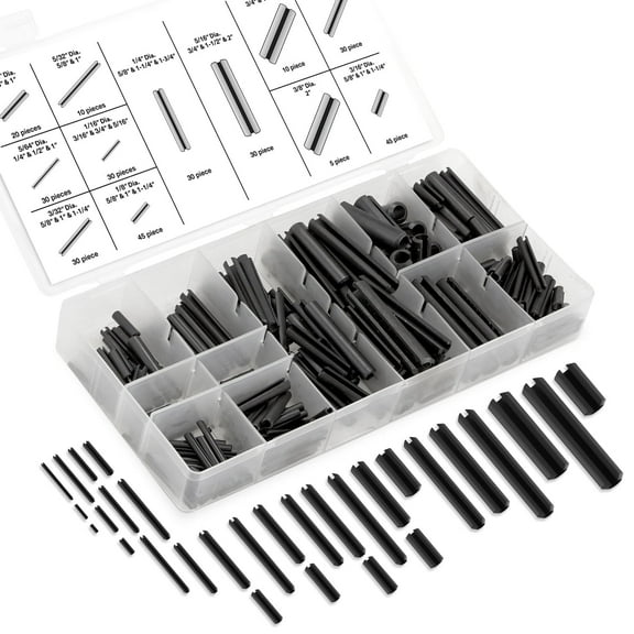 Neiko 50412A Roll Pin Assortment Set with Storage Case | 315 Pieces | SAE | Slotted Spring Steel | Black Dowel Tension Roll Pin