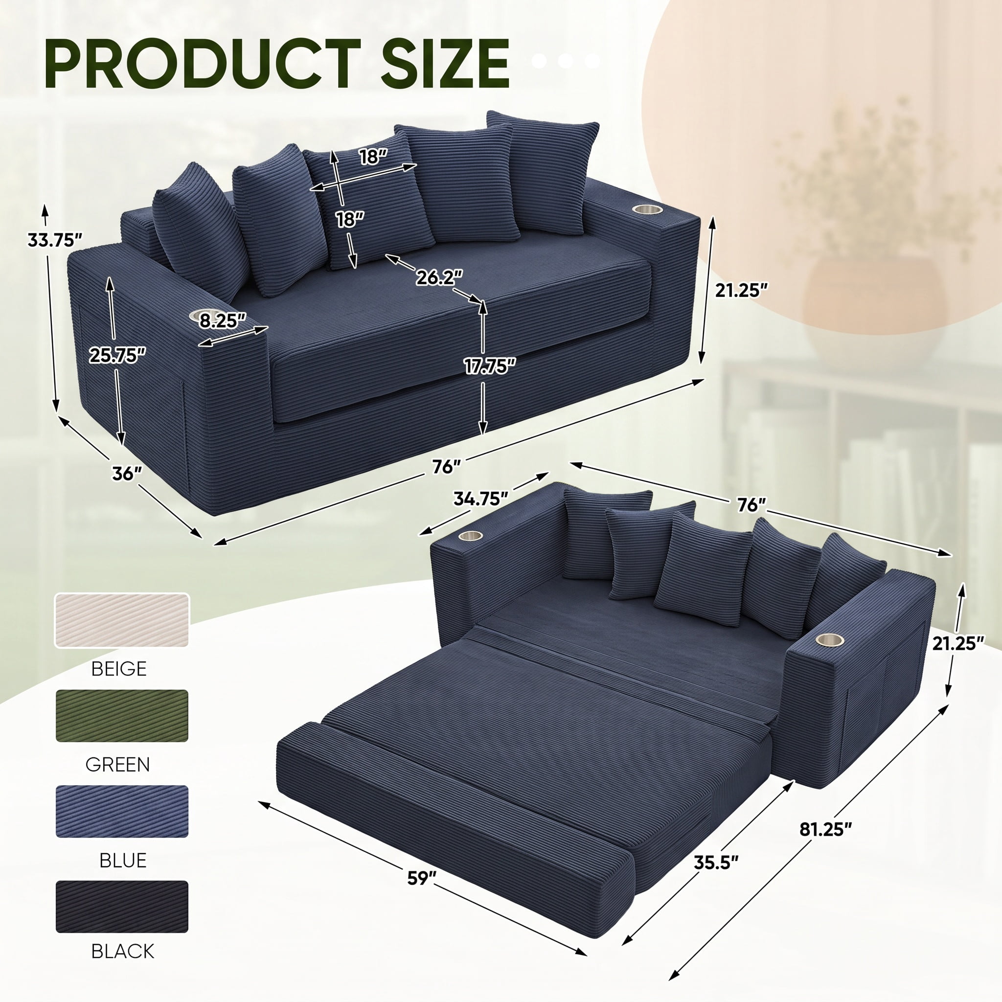 Lunale Convertible Sleeper Sofa Bed, Boneless Futon Cloud Couch, No Assembly Required, Pull Out Floor Couch Bed for Living Room, Blue Corduroy