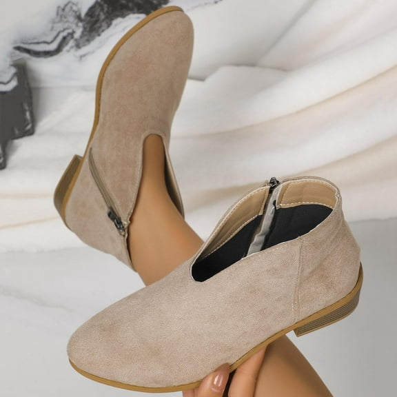 Tawop Women Boots Low Heel Side Zip Round Toe Suede Fall Boots