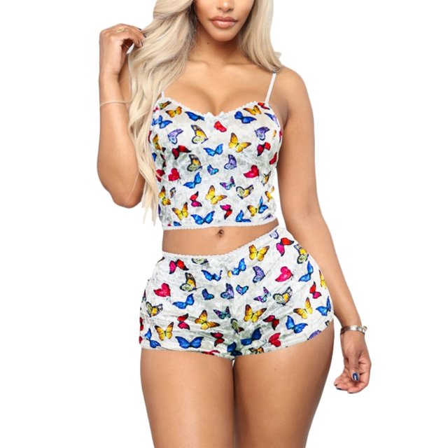 ZAXARRA Ensembles de Pyjamas d'Été 2 Pcs pour Femmes Camisole Sans Manches + Shorts en Velours à Motif