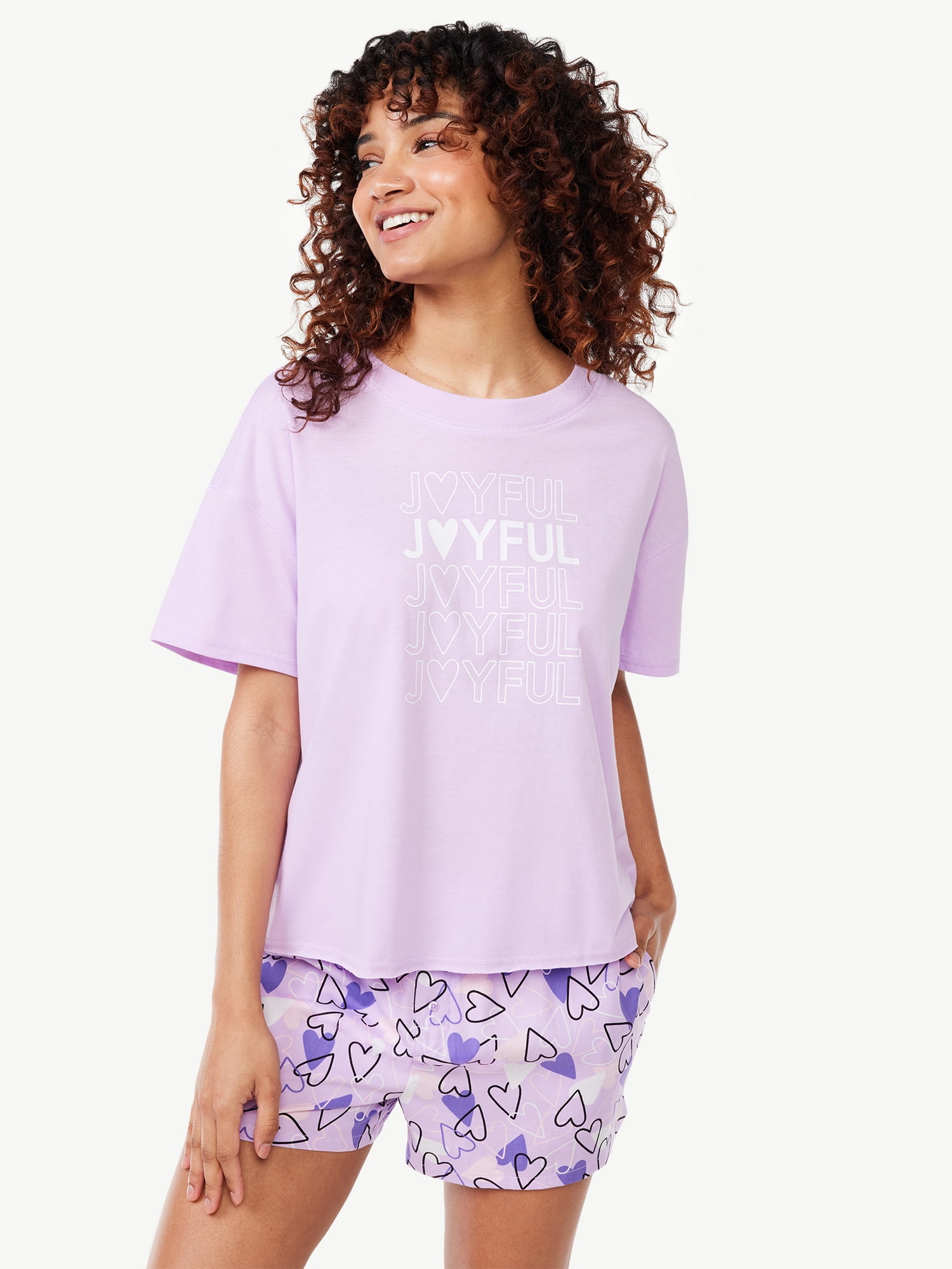 Joyspun Women's Short Sleeve Tee and Boxer Shorts Pajama Set, Sizes S