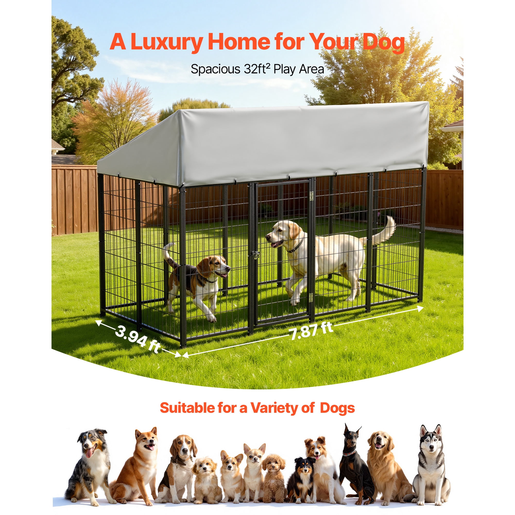KFFKFF Outdoor Dog Kennel, 7.87 x 3.94 x 5.4 ft Spacious Pet Enclosure with Secure Lock, Weather-Resistant Roof Cover, Durable Metal Cage for Large Dogs