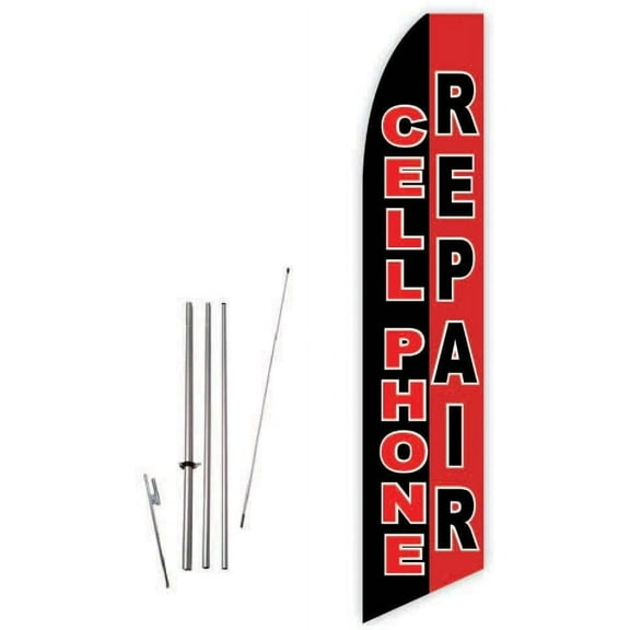 Cellphone Repair Black/Red Super Novo Feather Flag - Complete with 15ft Pole Set and Ground Spike