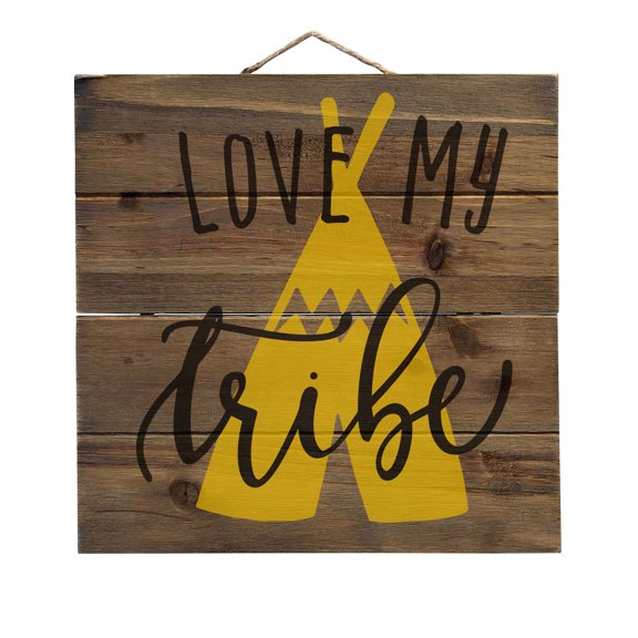 Love My Tribe - Yellow Teepee - Decorative REAL WOOD Wall Art - Faux Pallet Look