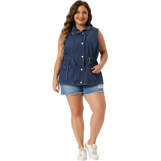 Unique Bargains Plus Size Utility Vest For Women Sleeveless Anorak Cargo Drawstring Jean Denim Jacket Dark Blue 2x Other