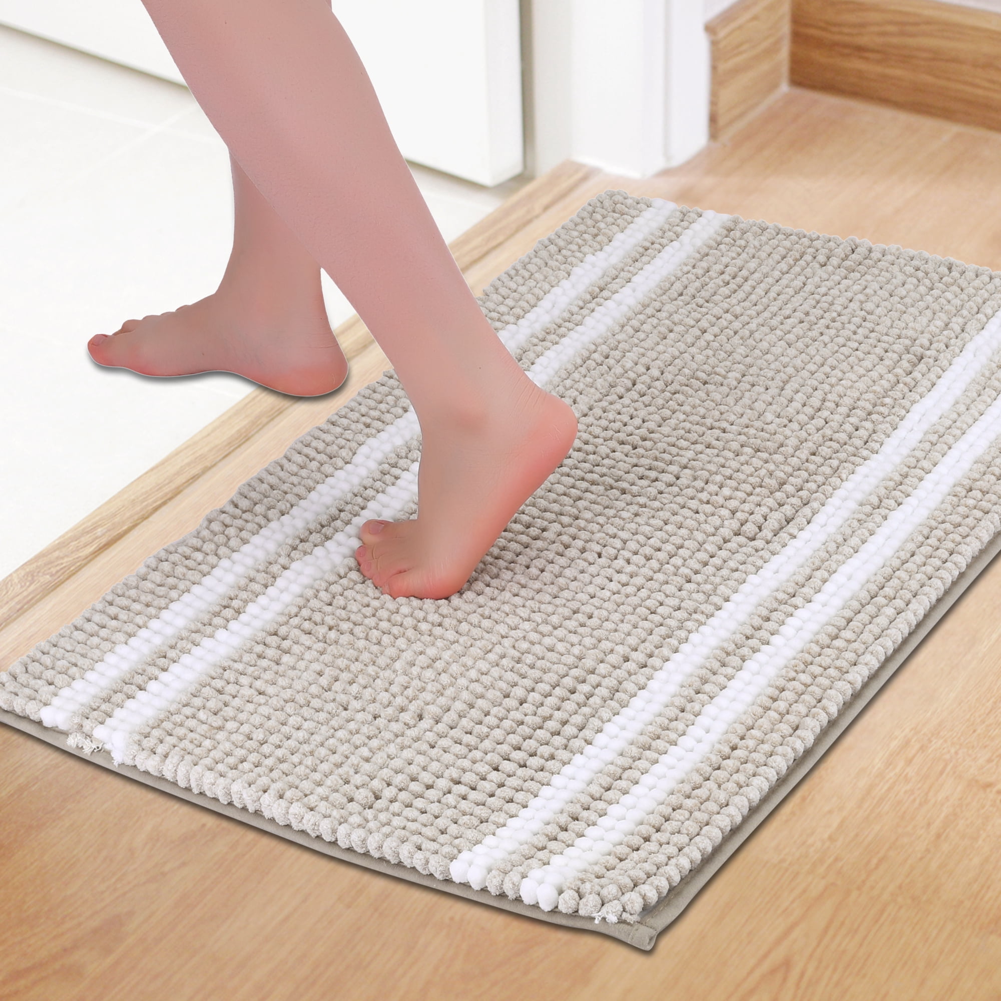 Unique Bargains Striped Bathroom Rugs Soft Fluffy Chenille Bath Rugs Brown 20" x 32"