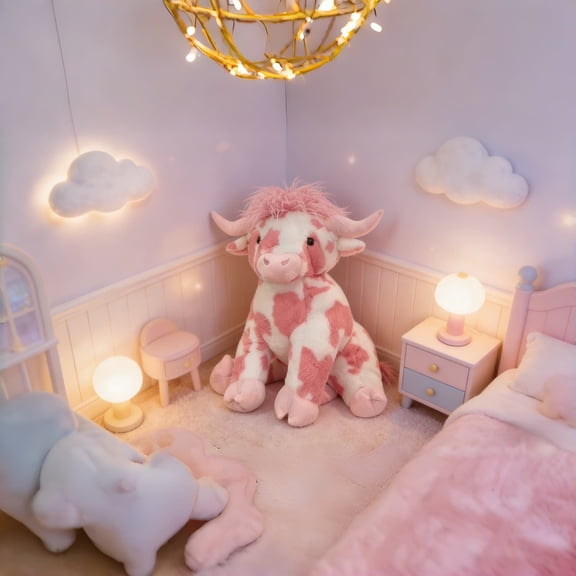 20 Inch Pink Highland Cow Stuffed Animal - Fluffy Cow Plush Doll for Valentine’s Gifts, Home Decor & Cuddling