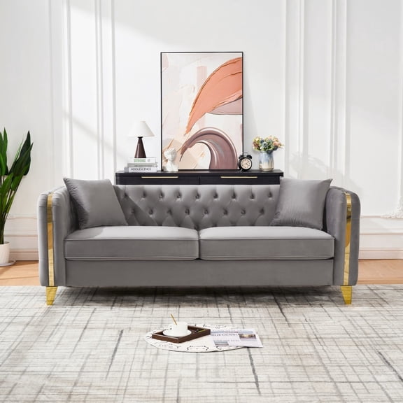 81" Chesterfield Velvet Sofa, Button Tufted w/ Gold Legs, Living Room,Grey