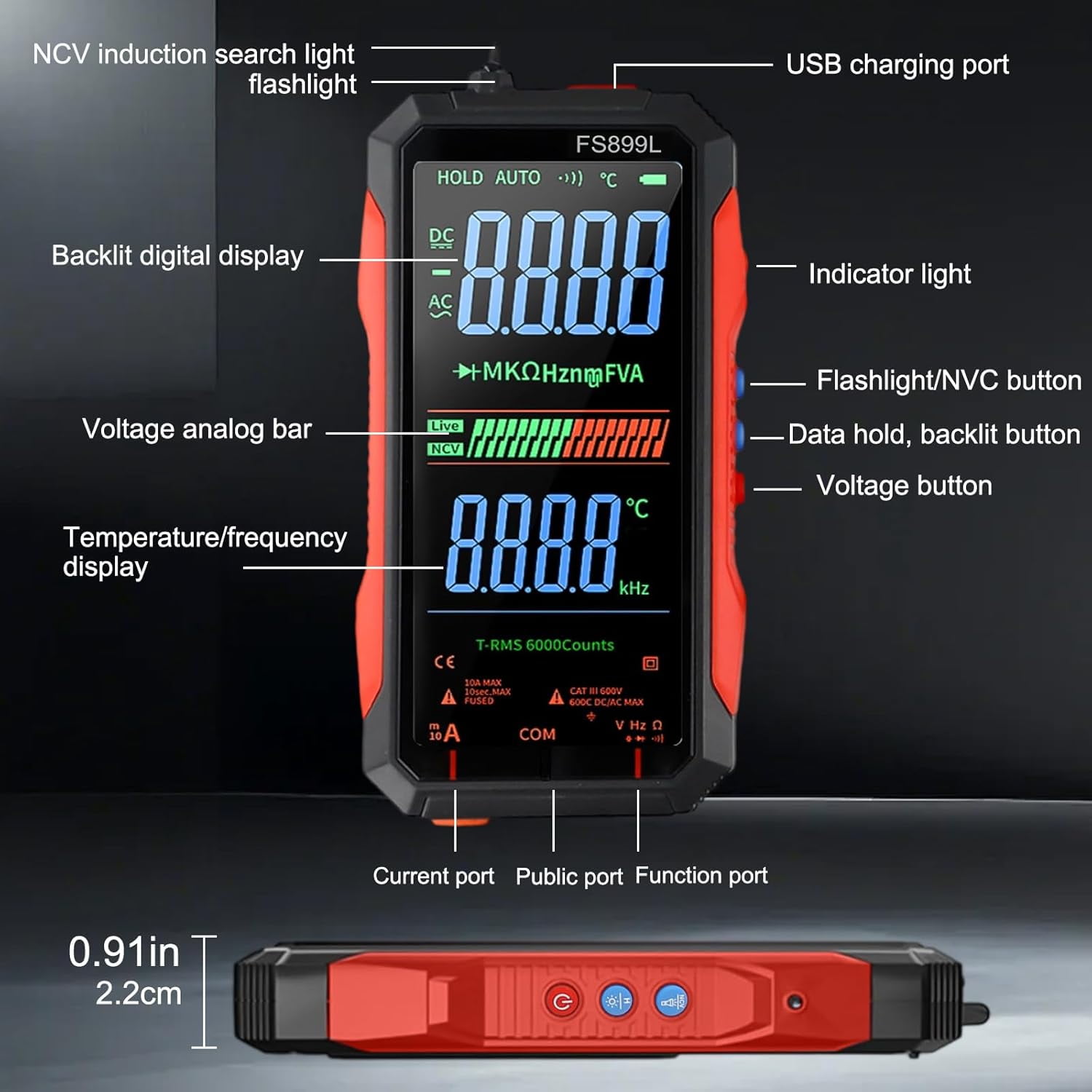 FS899C 6000 Counts Digital Multimeter Auto-Ranging Capacitance Ohm Hz Diode