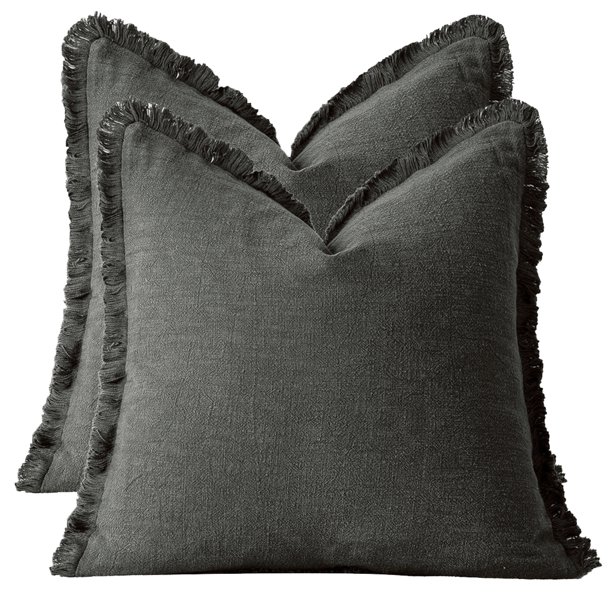 Juego de 2 fundas de almohada de 18 x 18 pulgadas con borde de borlas para sala de estar de estilo rústico, algodón suave y lino acogedor, funda de almohada beige con flecos