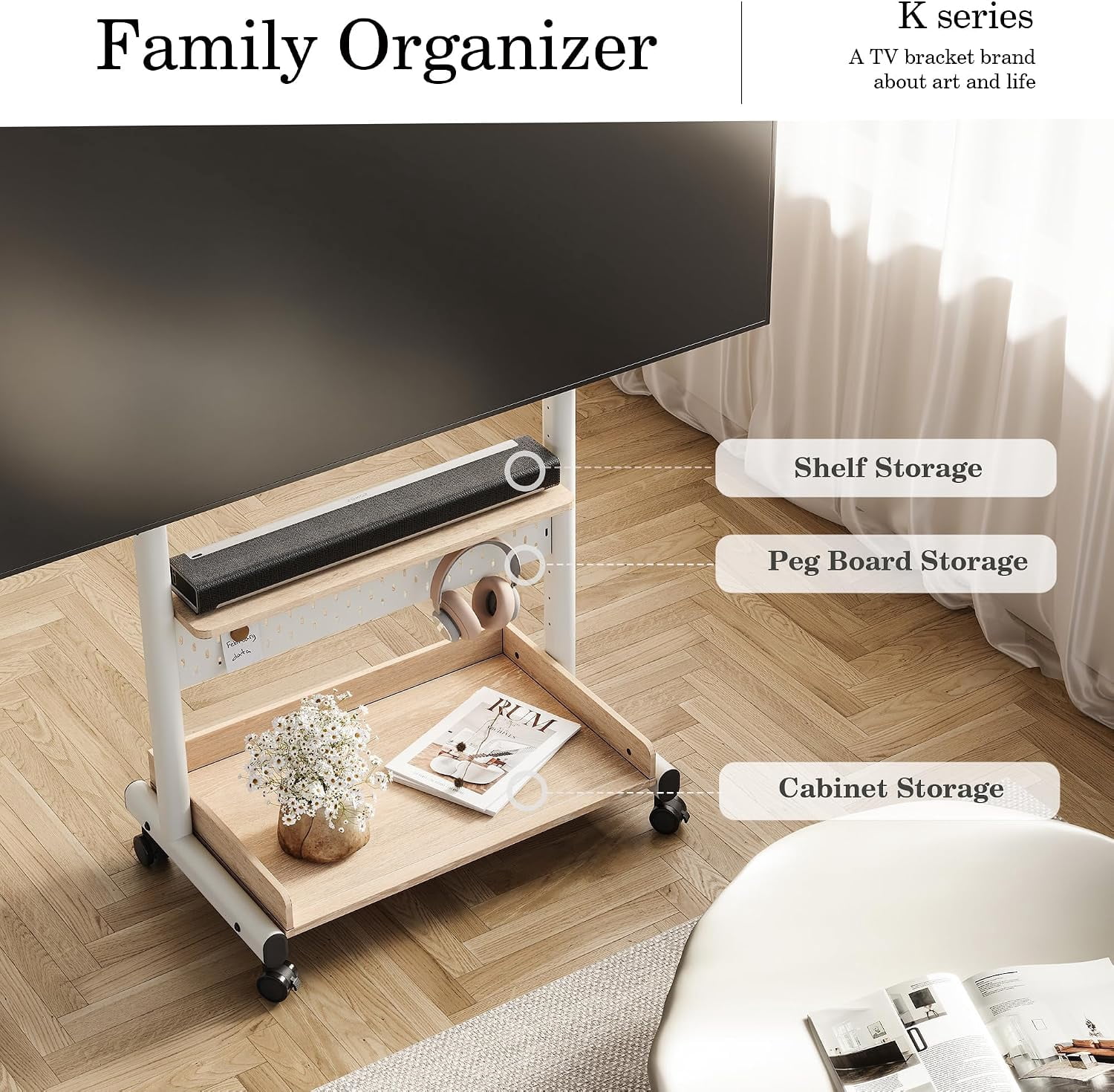 FITUEYES Rolling TV Stand for 40–85 Inch TVs, White, Wood Shelf & Pegboard
