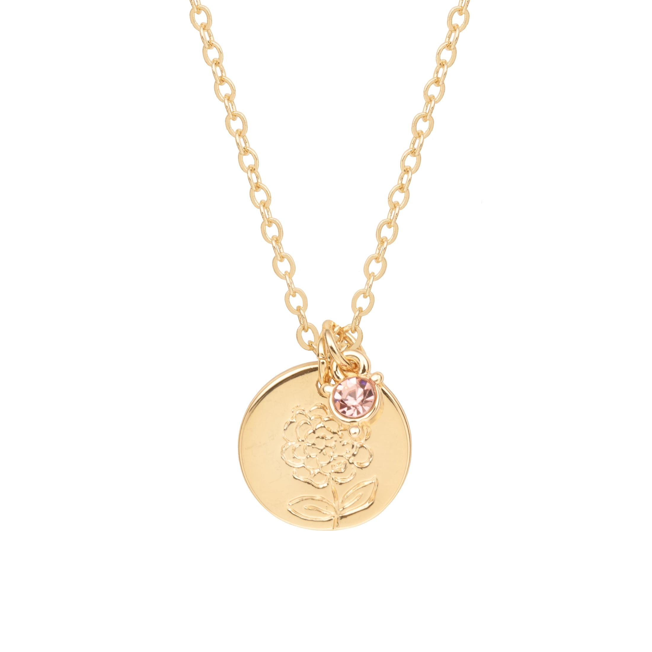 Time and Tru Women’s October Birthstone Necklace, Gold Tone Chain with Light Rose Stone & Marigold Flower