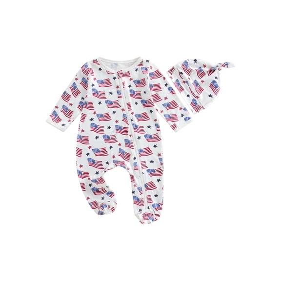 BemeyourBBs Newborn 4th of July Romper American Flag Long Sleeve Jumpsuit Hat