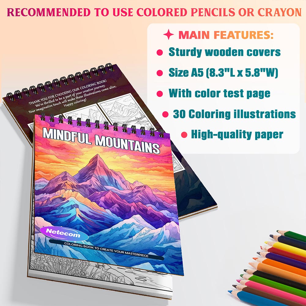 Mindful Mountains Coloring Book Spiral Bound For Adults, A5 Wooden Cover, 30 Calming Coloring Pages in Stunning Mountain Vistas for Stress Relief and Relaxation