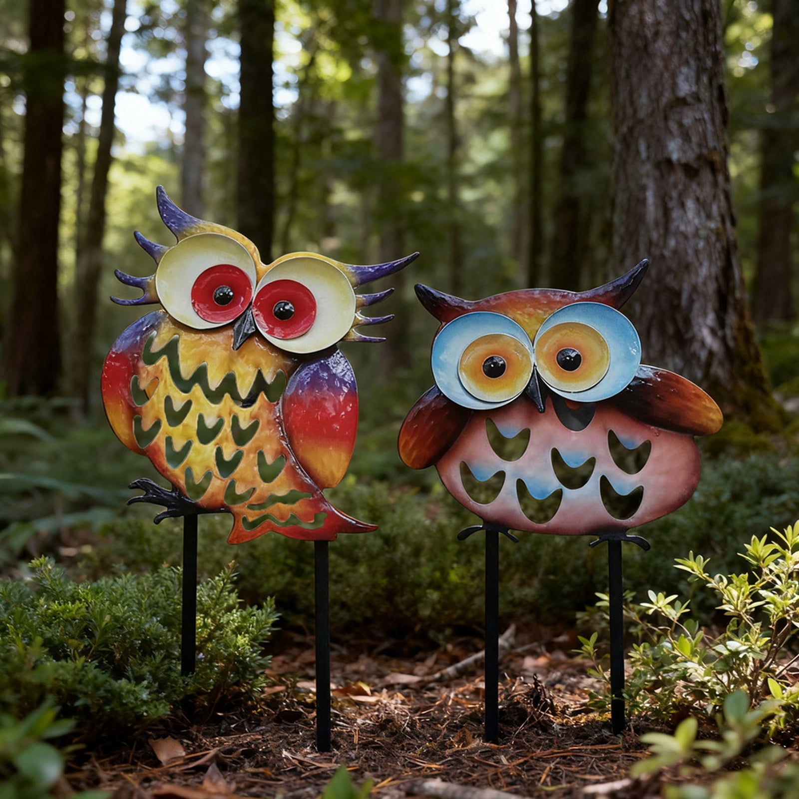 Metal Owl Garden Stake Set Of 2 Colorful Iron Art Yard Decorations For Outdoor Patio Lawn Garden Decor