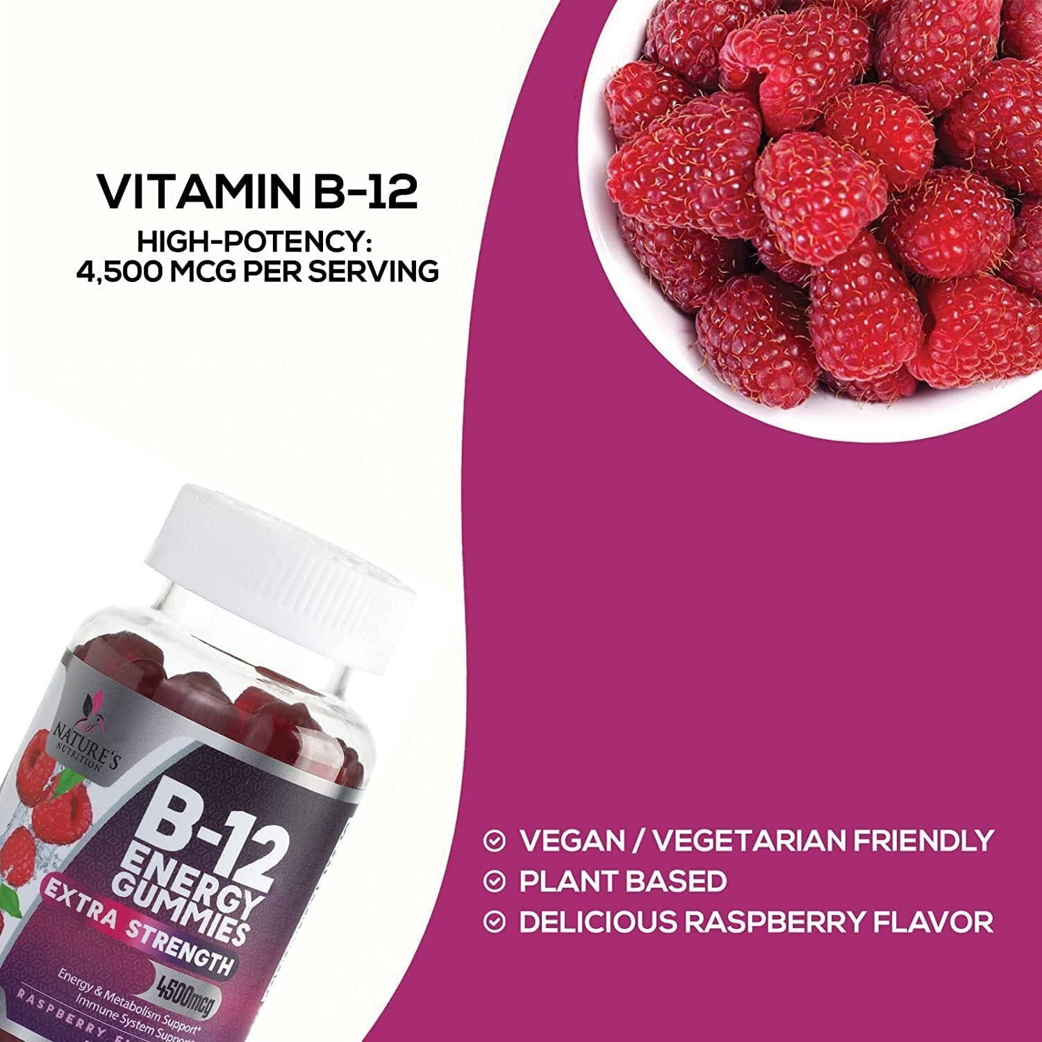 B12 Energy Gummies - 4500 mcg Vitamin B12 Per Serving - Extra Strength Chewable B12 Supplement for Energy, Metabolism & Immune Support - For Women, Men & Kids - Natural & Berry Flavored - 120 Gummies