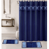Golden Linens 15 Pieces Navy Solid Color with Embroidery Butterfly Design Bathroom Mats Set Non-slip Rug Carpet Shower Curtain and Hooks