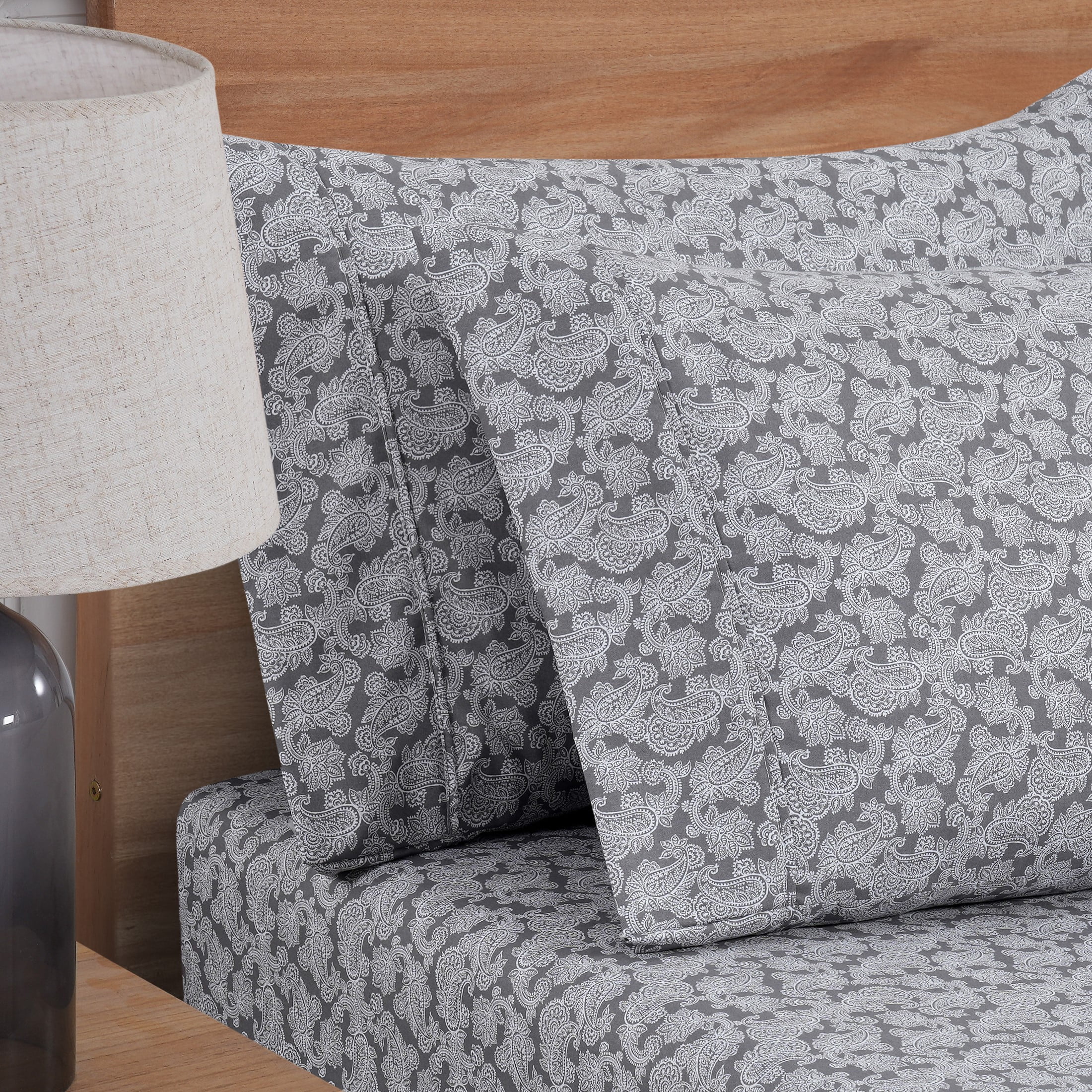 Mainstays Super Soft Brushed Microfiber Pillowcase Set, Grey Paisley Print, Standard/Queen, 2 Pieces