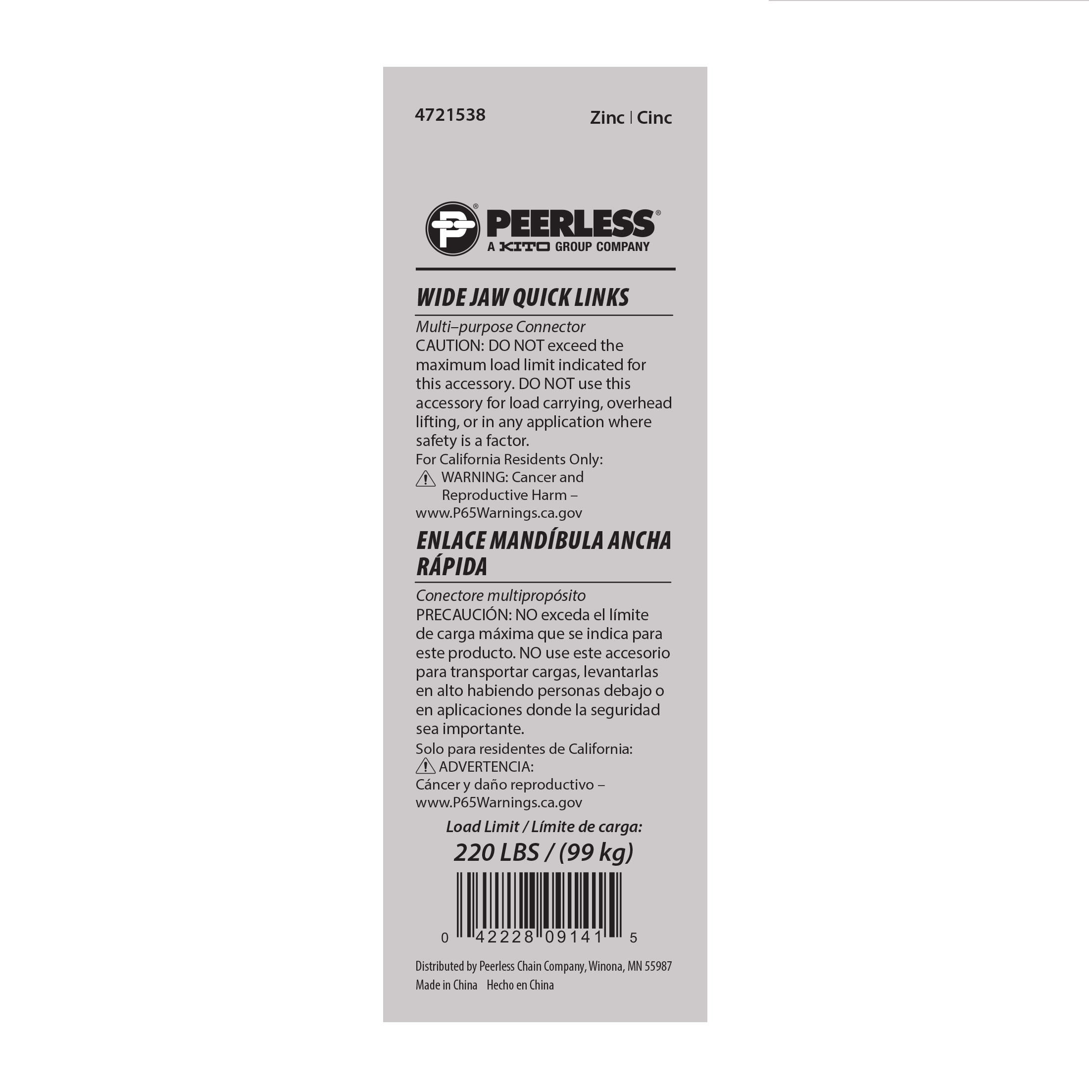 1/8" Wide Jaw Quick Links, 2 Pack, Zinc, Peerless Chain Company, #4721538