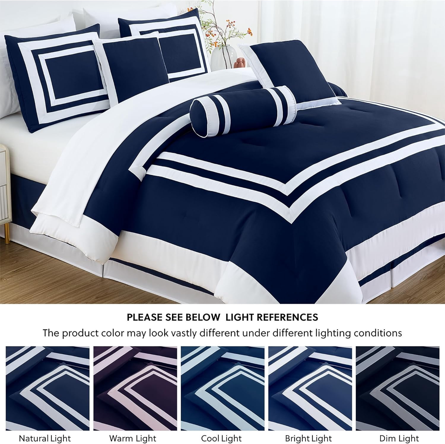 Chezmoi Collection Caprice 7-Piece Hotel Style Comforter Set King Size, Navy/White Square Pattern Color Block Bedding with Decorative Pillows, Luxurious Lightweight All Season Bed Set
