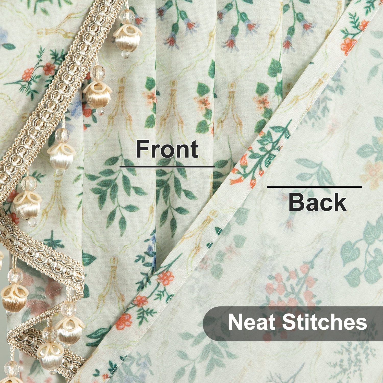 VOGOL Vintage Floral Waterfall Valance 59x43 Inch - Sheer Voile Farmhouse Curtain Topper with Beaded Fringe for Living Room