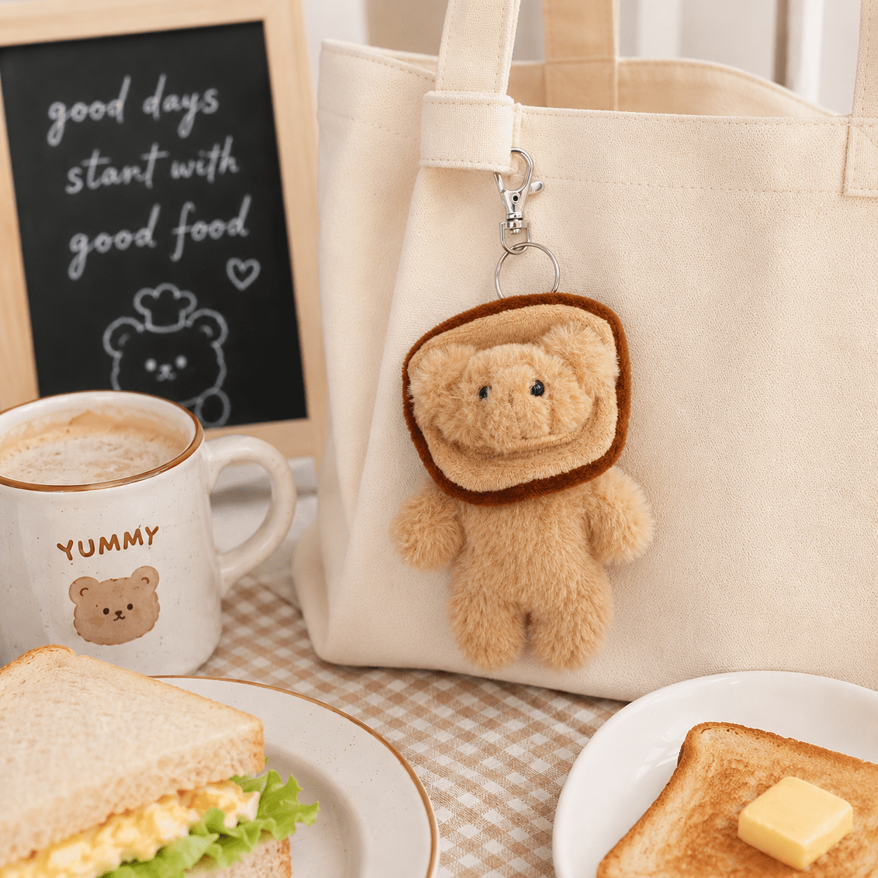 U Style Teddy Bear Keychain in Cozy Toast Costume