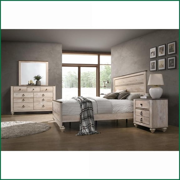 Bedroom Set 4-Piece King Industrial Chic White Wash Solid Wood with Bed, Dresser, Mirror, Nightstand | Wood | Standard Beds