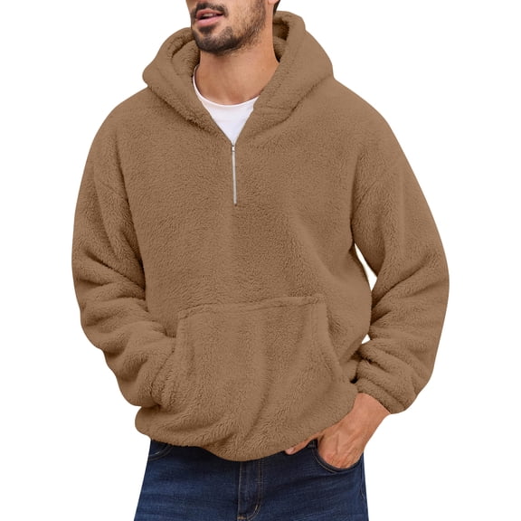 LNZGNM Quarter Zip Hoodie Men Flannel Quarter Zip Long Sleeve Jacket Big and Tall Warm Sweatshirt with Pockets Fashion Fall Coats,Brown 3XL