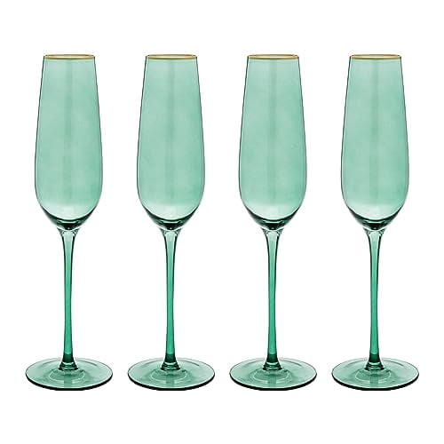 Vikko Champagne Flutes, 8.5 Ounce Toasting Champagne Flute, Green with Gold Rim Crystal Clear Champagne Glasses, Set of 4 Elegant Sparkling Wine Glasses