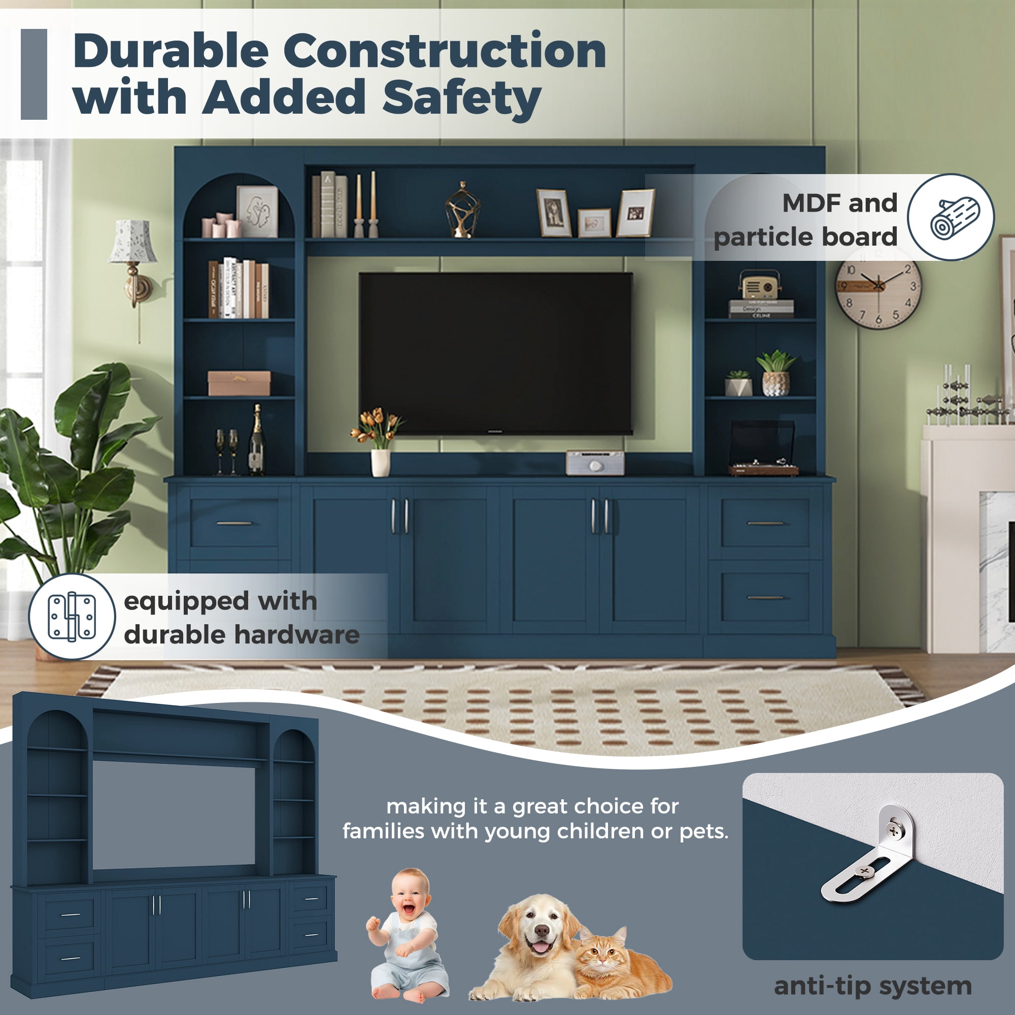 Modern Arched Entertainment Center Wall Unit with Drawers, Farmhouse TV Stand for TVs Up to 65 Inch, All-in-One Media Console with Adjustable Shelves and Cable Management for Living Room