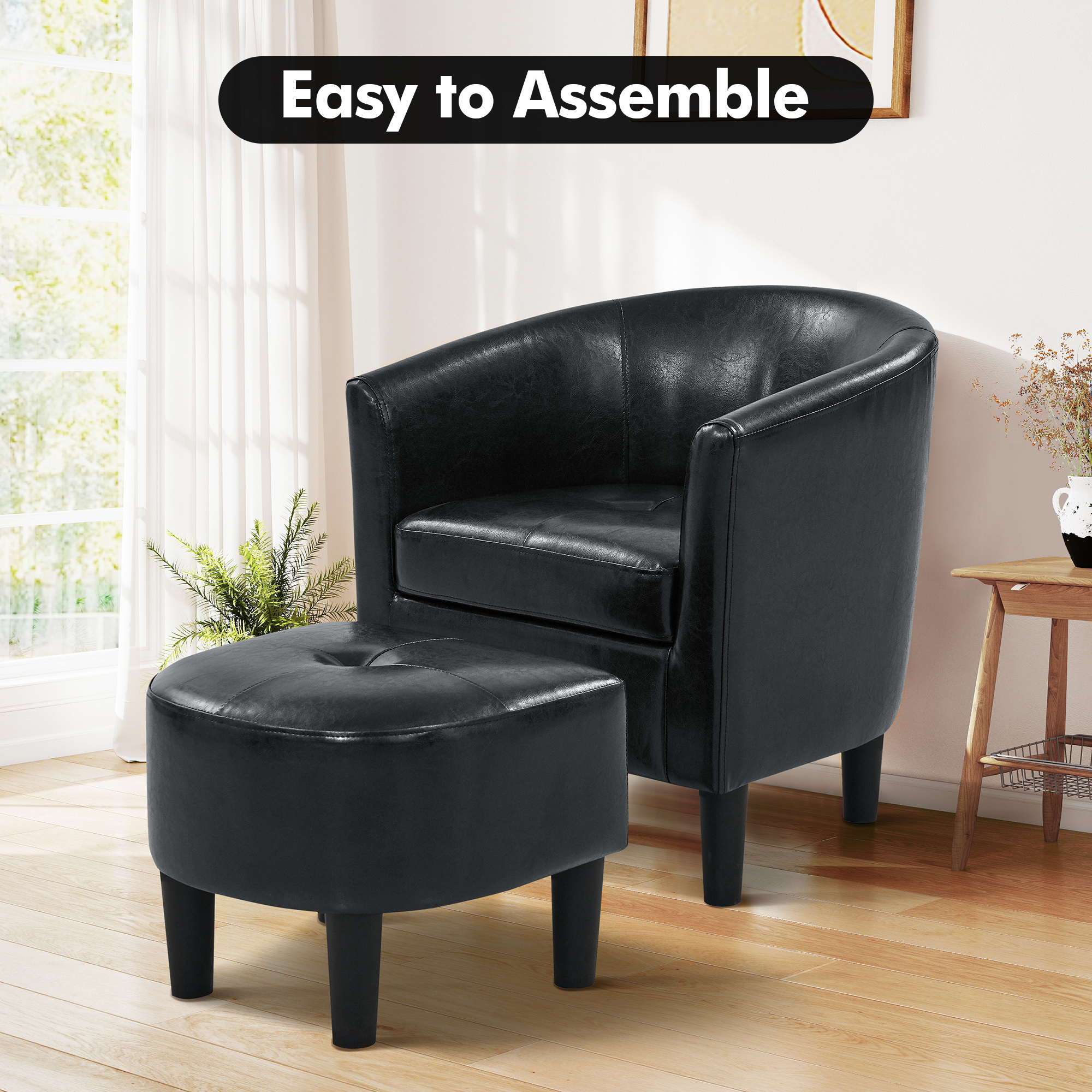 Aukfa Barrel Accent Chair with Ottoman & Arms, Modern PU Leather Upholstered Chair for Bedroom/Living Room,Black