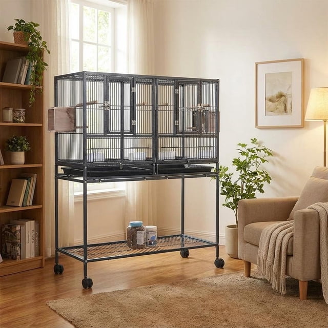 Kojooin Cage à Oiseaux en Vol Divisée pour l'Élevage avec Support Roulant, Cage à Oiseaux Spacieuse avec Perchoirs, Portes de Mangeoire et Tablette de Rangement