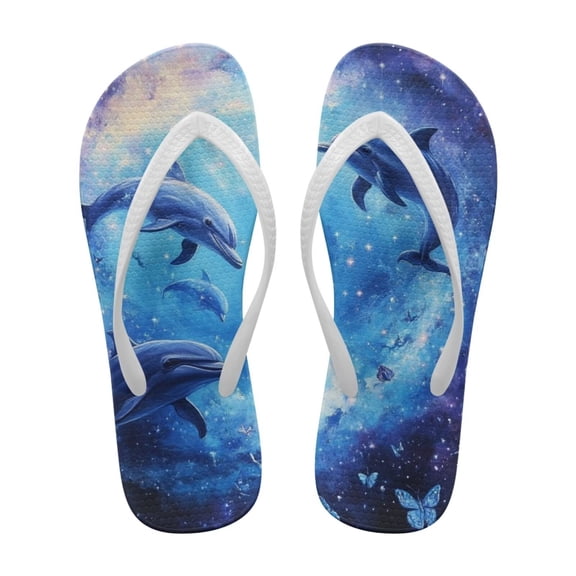 Chririnla Galaxy Dolphin Print Flip Flops for Women Beach Comfortable Casual Non-Slip Thong Sandals Butterfly Quick Dry Fashion Slip On Flats Slippers for Vacation Walking