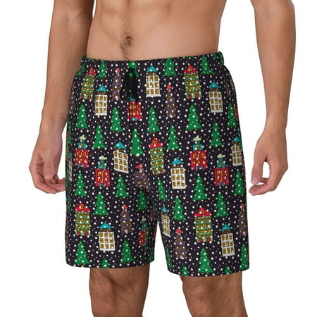 Gaeub Christmas Trees And Houses Print Mens Swim Trunks with Compression Liner Board Shorts Quick Dry Beach Swimwear with Pockets-Medium